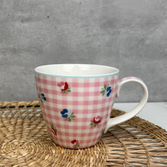 Greengate Mug Viola - Tasse mit Blumen und Karo-Muster 350 ml