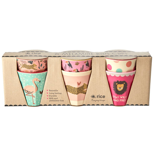 RICE 6er Set kleine Melamin Becher Jungle Animals rosa